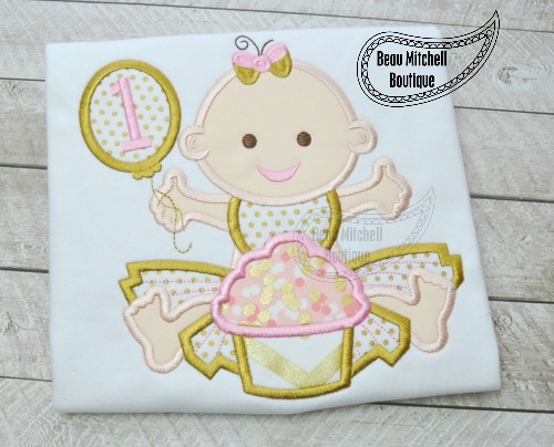 1st Birthday cupcake girl applique