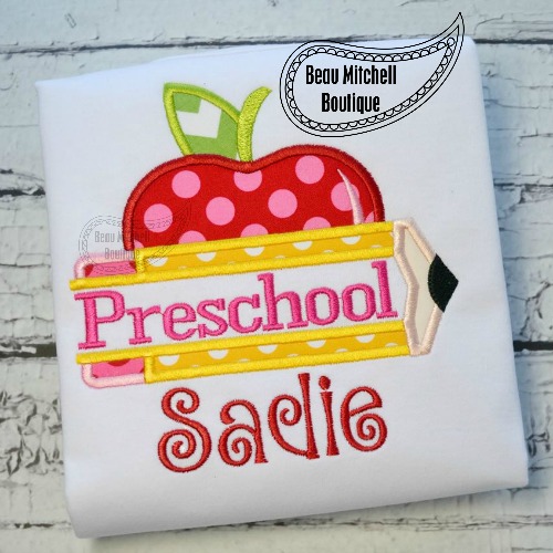 Preschool pencil apple applique