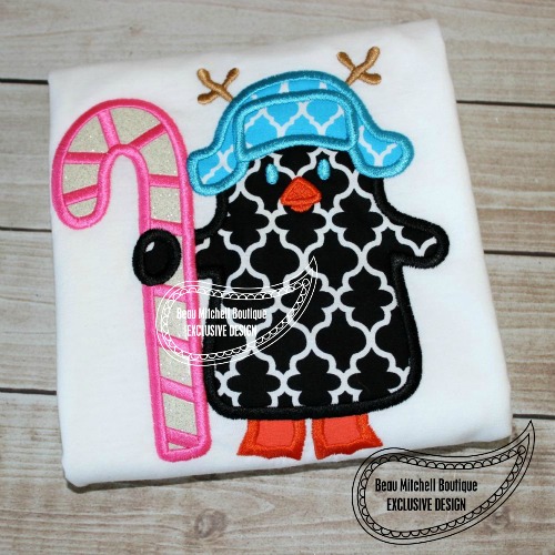 Candy cane penguin applique