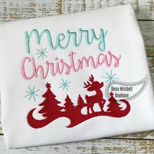 Merry Christmas deer trees embroidery design